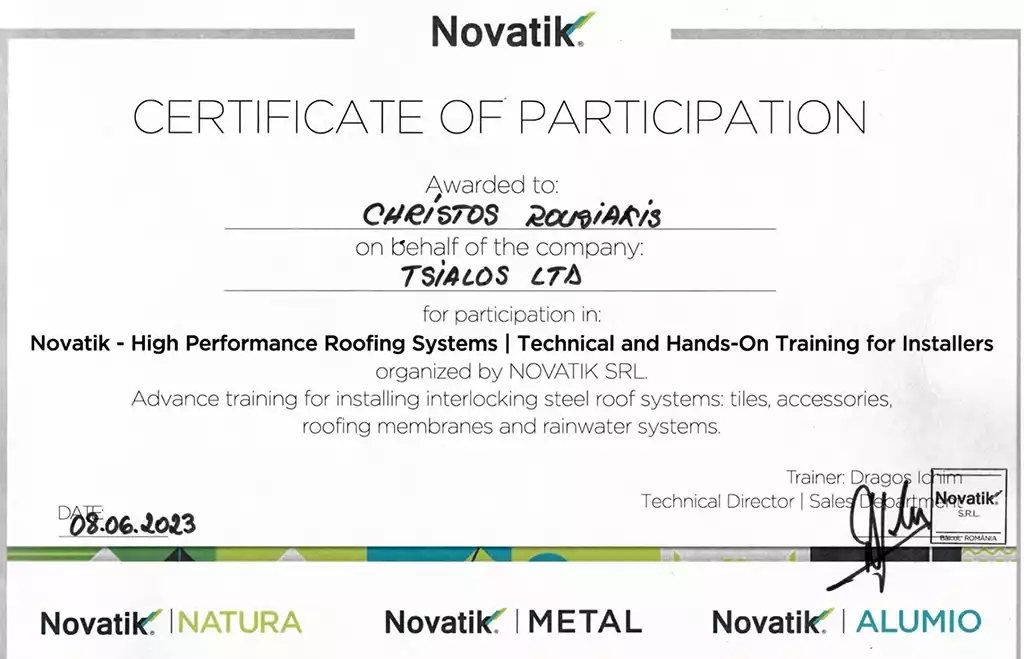 Certificate-Tile Roofs-keramoskepes-Roofing Systems-Novatic